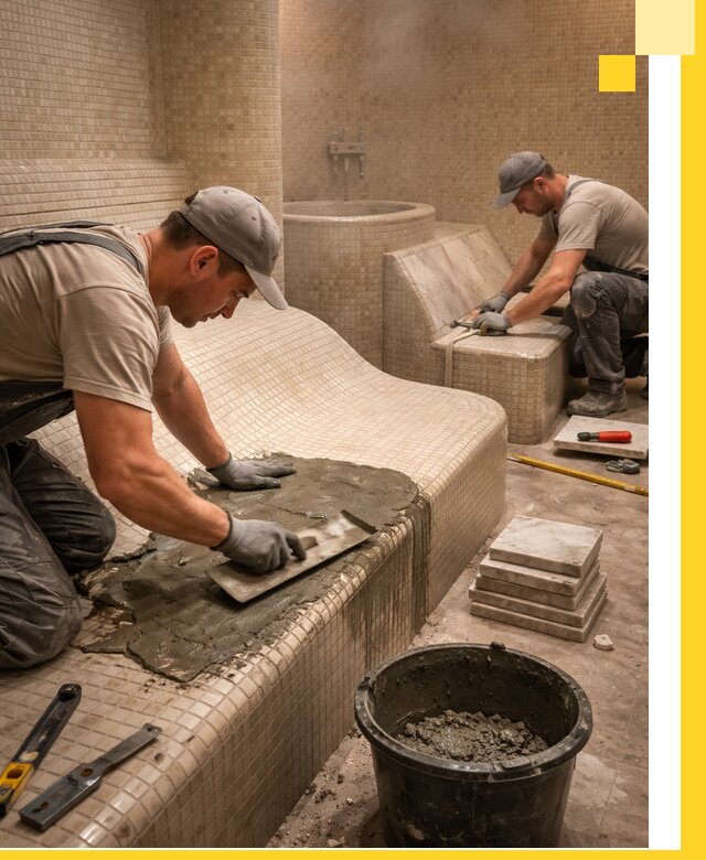 Лежаки для хамама под ключ в Устях-Лабинске, проект и монтаж